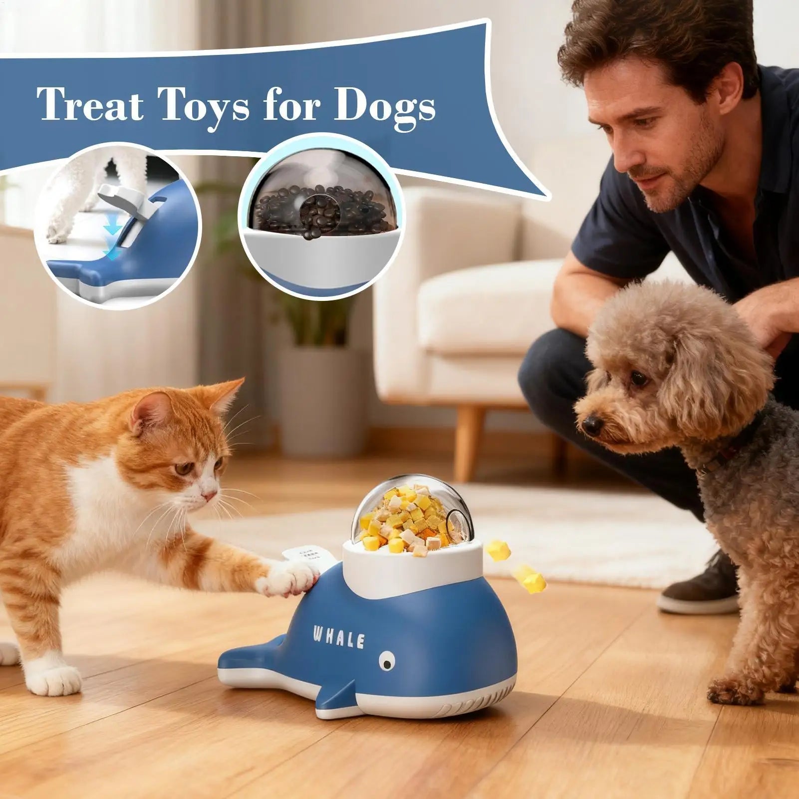 slow feeder pet toy, interactive pet puzzle feeder, treat dispensing pet toy, whale shape pet feeder, enrichment feeding toy, indoor pet activity toy