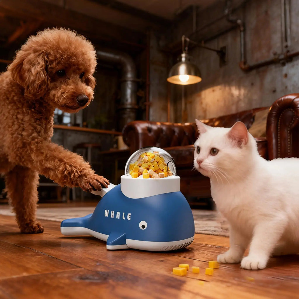 slow feeder pet toy, interactive pet puzzle feeder, treat dispensing pet toy, whale shape pet feeder, enrichment feeding toy, indoor pet activity toy