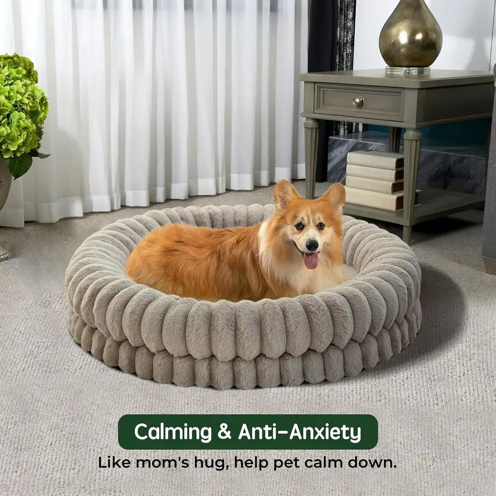 Luxury Donut Dog Bed, 36 Inches Round Dog Beds Large Sized Dogs Washable, Orthopedic Calming Dogs Bed or Pets with Anti-Slip Bot