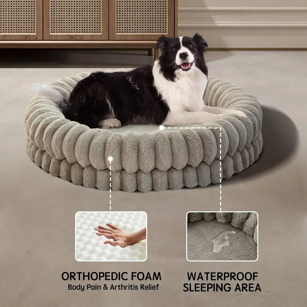 Luxury Donut Dog Bed, 36 Inches Round Dog Beds Large Sized Dogs Washable, Orthopedic Calming Dogs Bed or Pets with Anti-Slip Bot