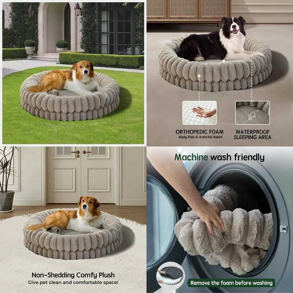 Luxury Donut Dog Bed, 36 Inches Round Dog Beds Large Sized Dogs Washable, Orthopedic Calming Dogs Bed or Pets with Anti-Slip Bot